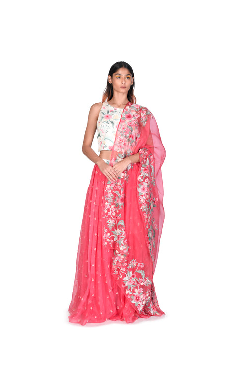 Multicolour wallpaper handpainted Blouse, Organza skirt and Net Dupatta